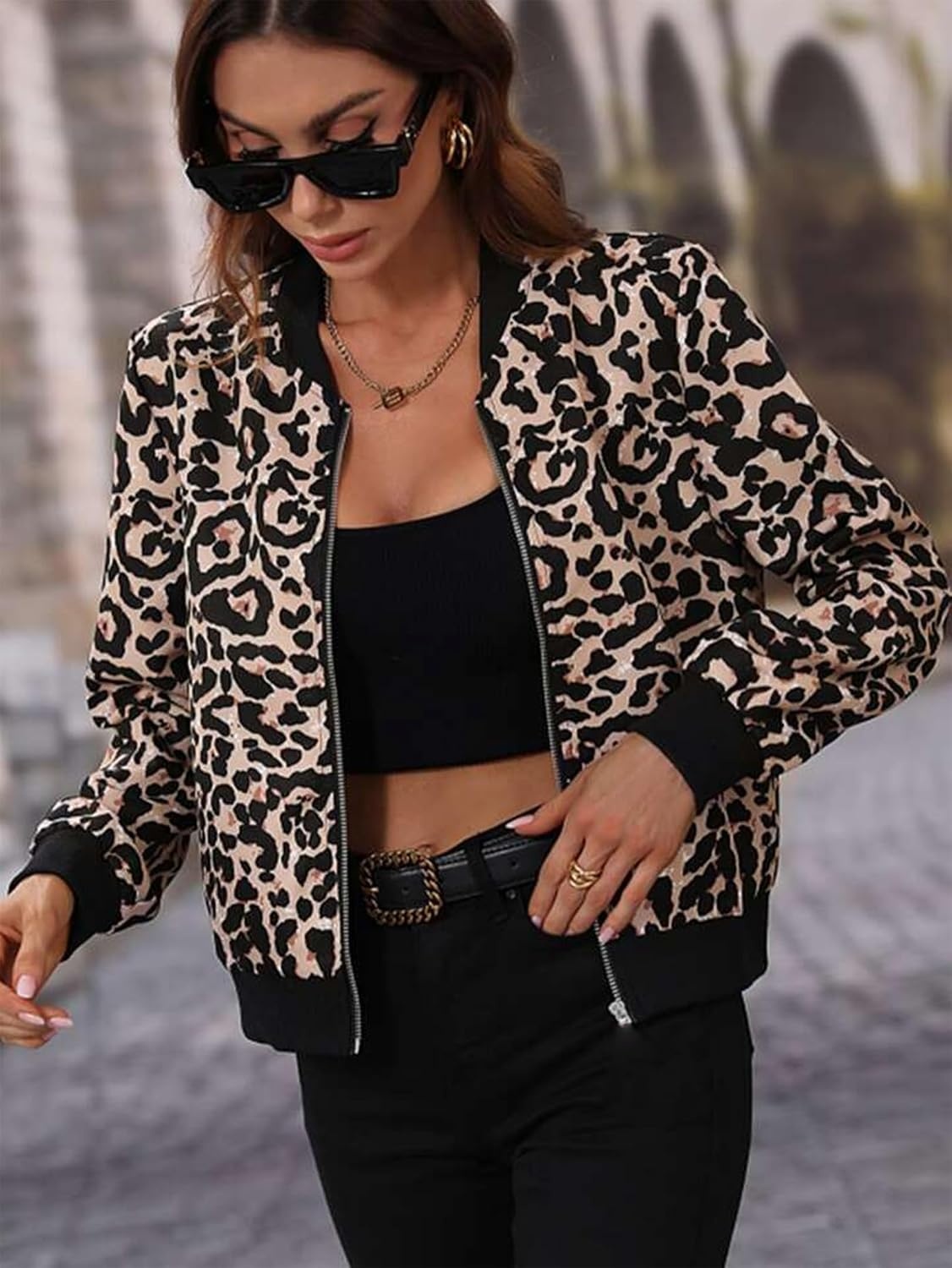image:imageZeagoo Women Bomber Jacket Casual Coats Spring Fall Clothes with PocketsLeopard Print