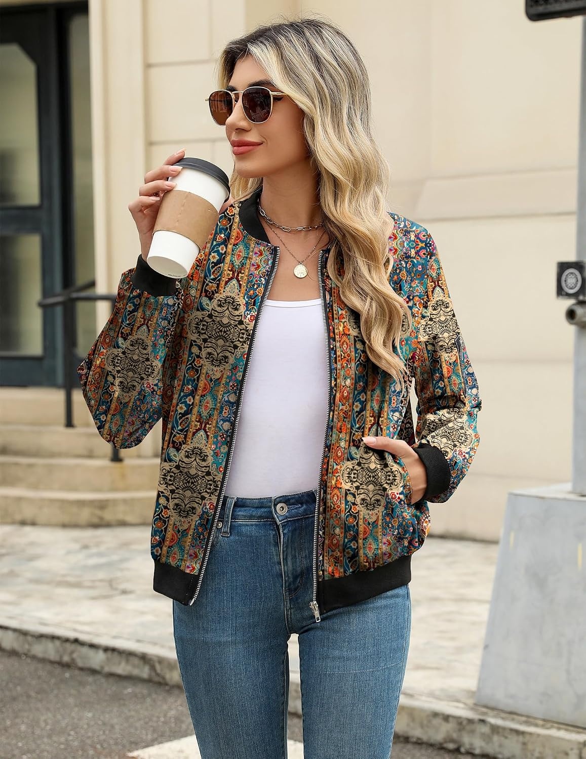 image:imageZeagoo Women Bomber Jacket Casual Coats Spring Fall Clothes with PocketsMulticolor