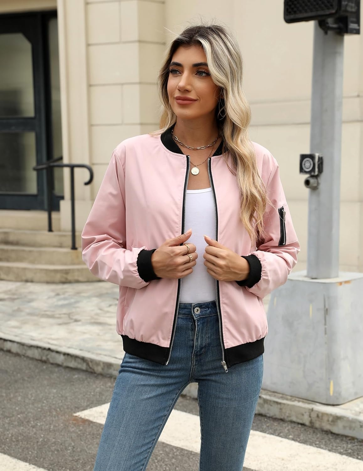 image:imageZeagoo Women Bomber Jacket Casual Coats Spring Fall Clothes with PocketsPink