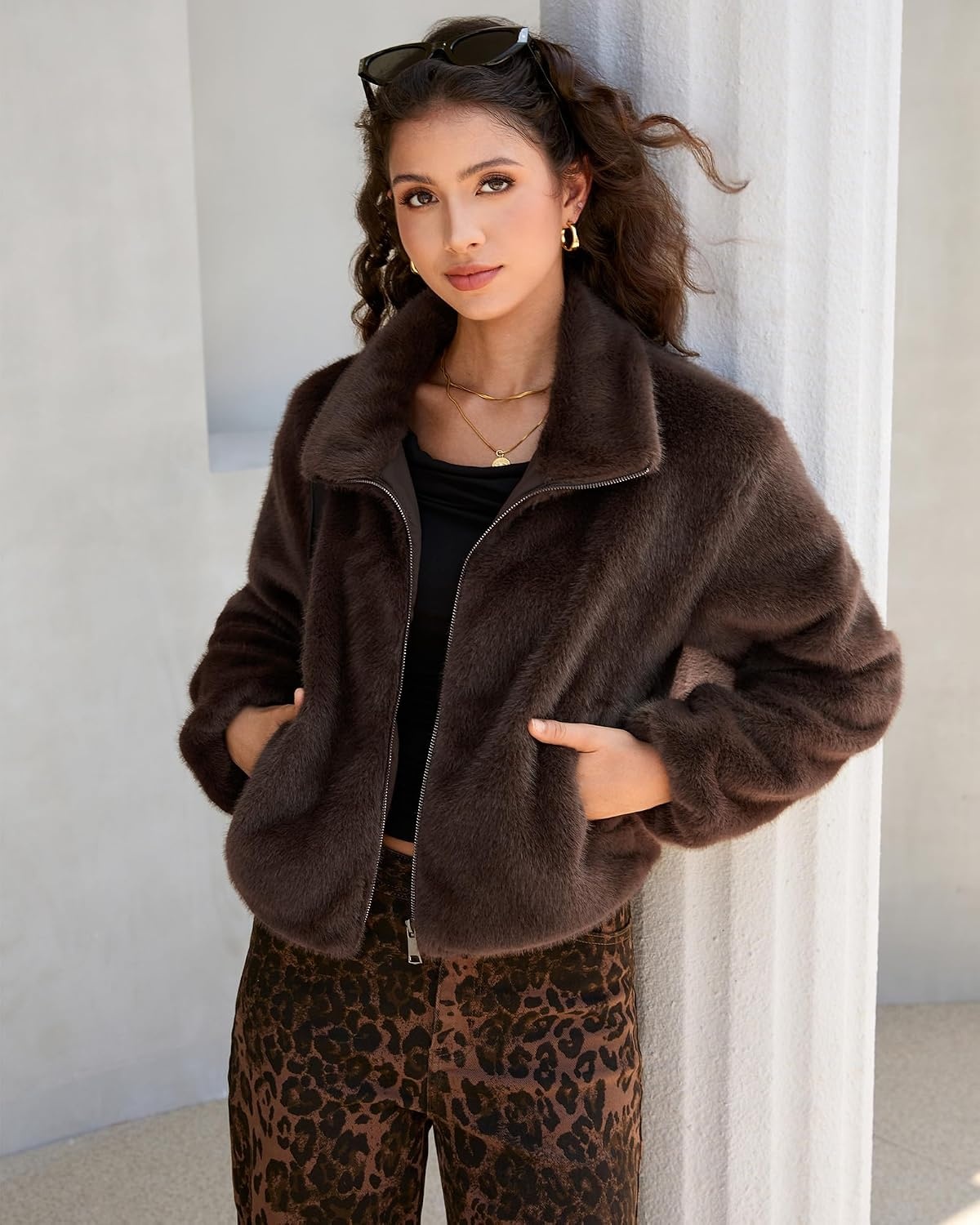 image:imageluvamia Faux Fur Jackets for Women Fall Cropped Coat Fuzzy Winter OuterwearCoffee Brown