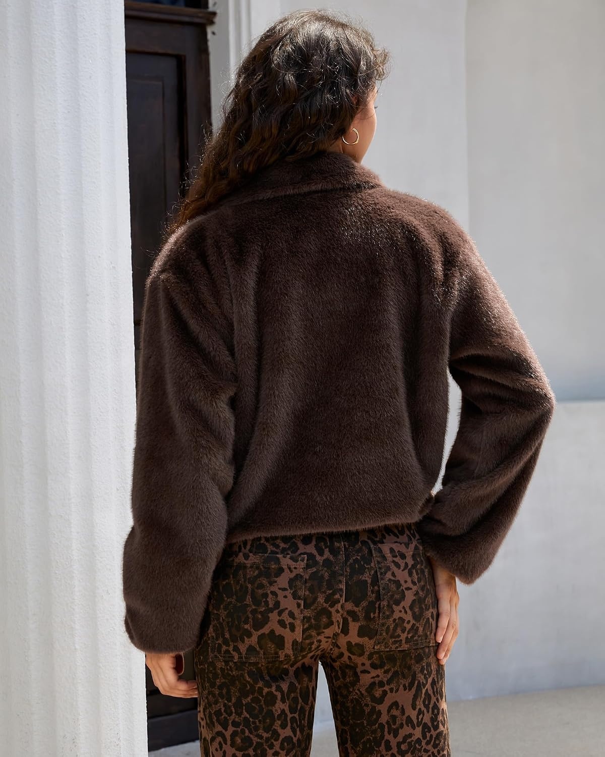 image:imageluvamia Faux Fur Jackets for Women Fall Cropped Coat Fuzzy Winter OuterwearCoffee Brown