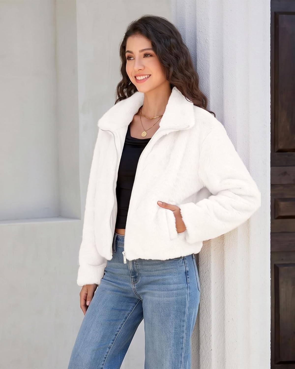 image:imageluvamia Faux Fur Jackets for Women Fall Cropped Coat Fuzzy Winter OuterwearCream White