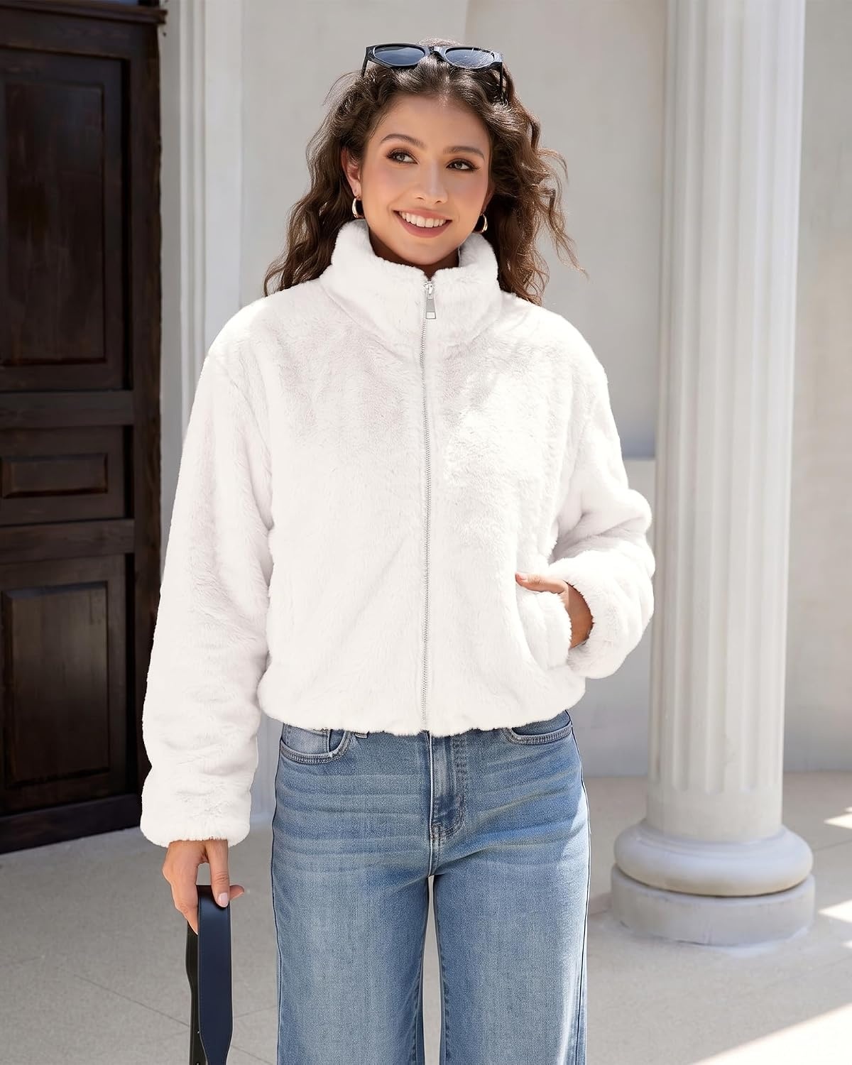 image:imageluvamia Faux Fur Jackets for Women Fall Cropped Coat Fuzzy Winter OuterwearCream White