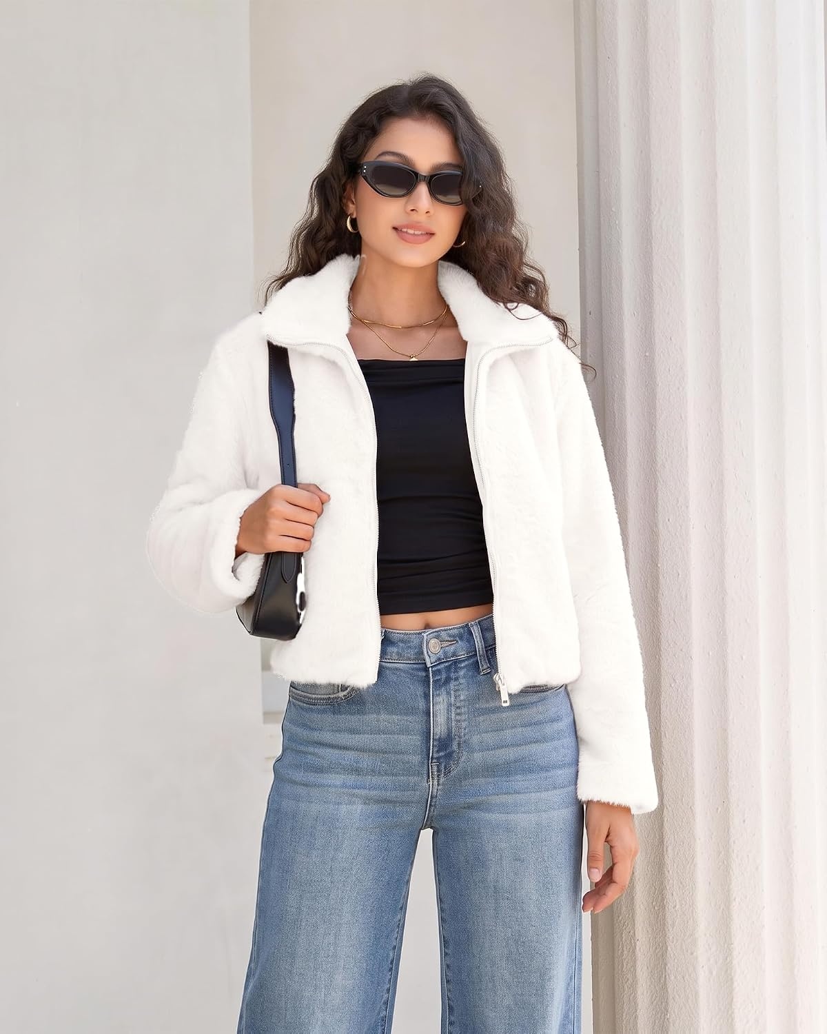 image:imageluvamia Faux Fur Jackets for Women Fall Cropped Coat Fuzzy Winter OuterwearCream White
