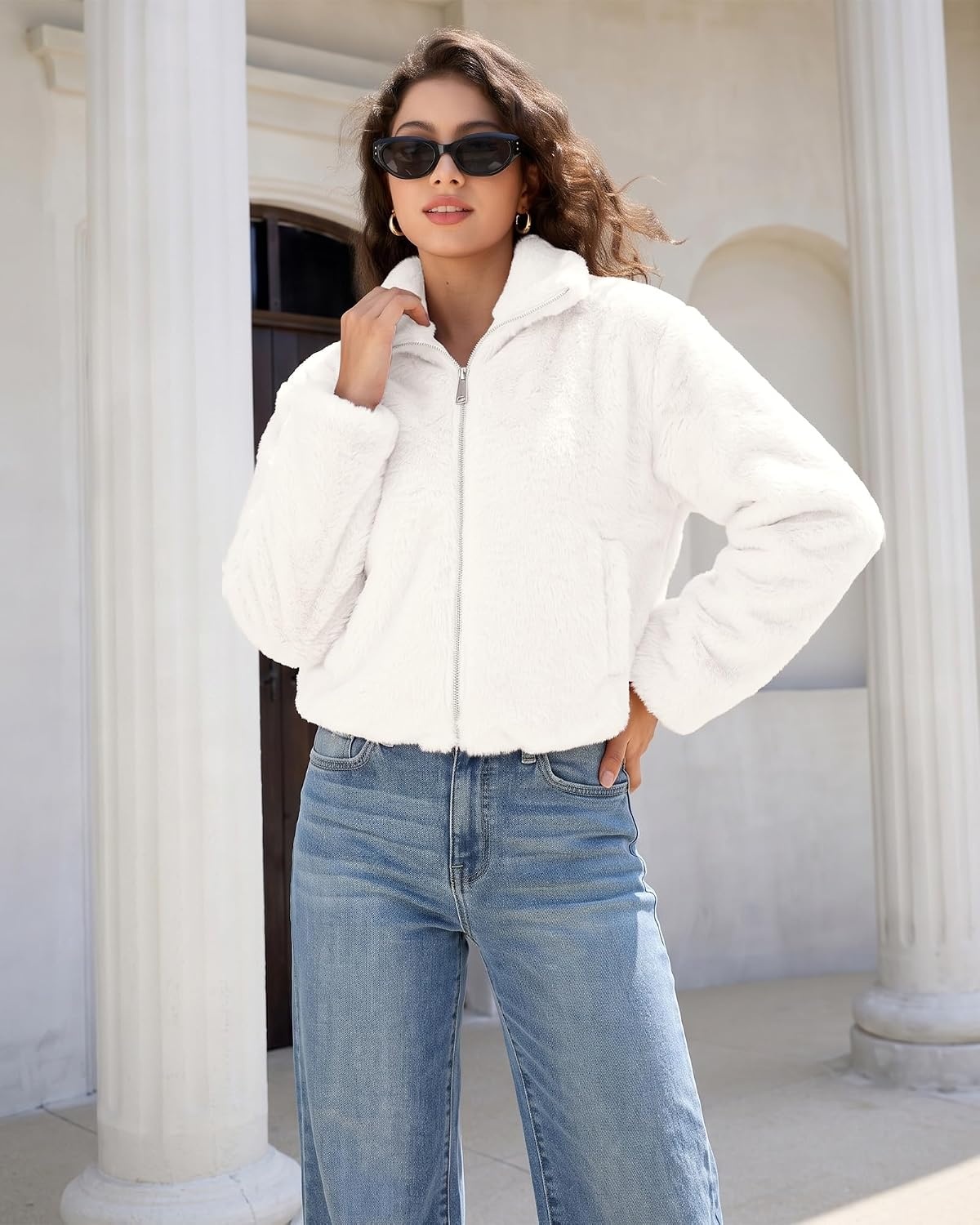 image:imageluvamia Faux Fur Jackets for Women Fall Cropped Coat Fuzzy Winter OuterwearCream White