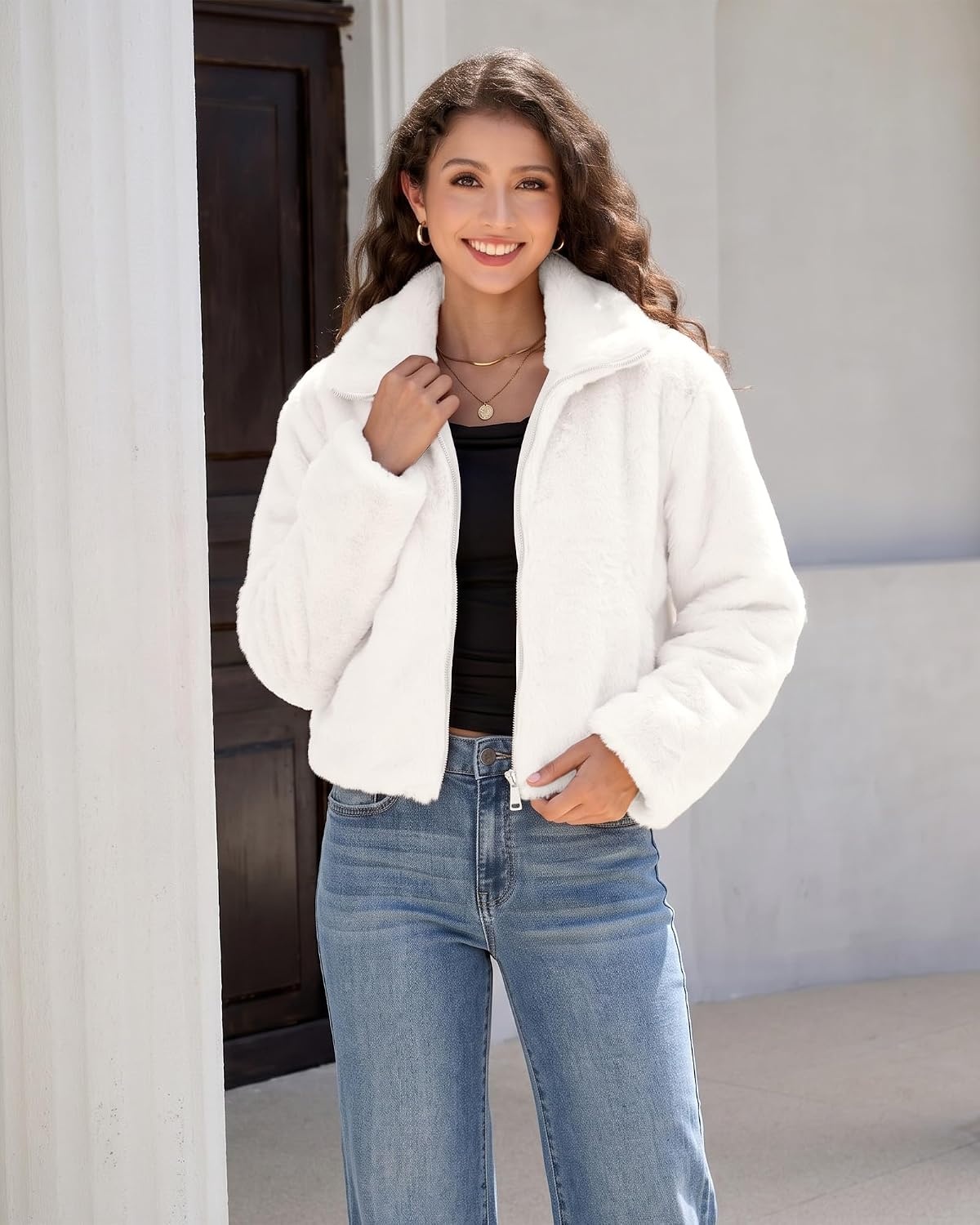 image:imageluvamia Faux Fur Jackets for Women Fall Cropped Coat Fuzzy Winter OuterwearCream White