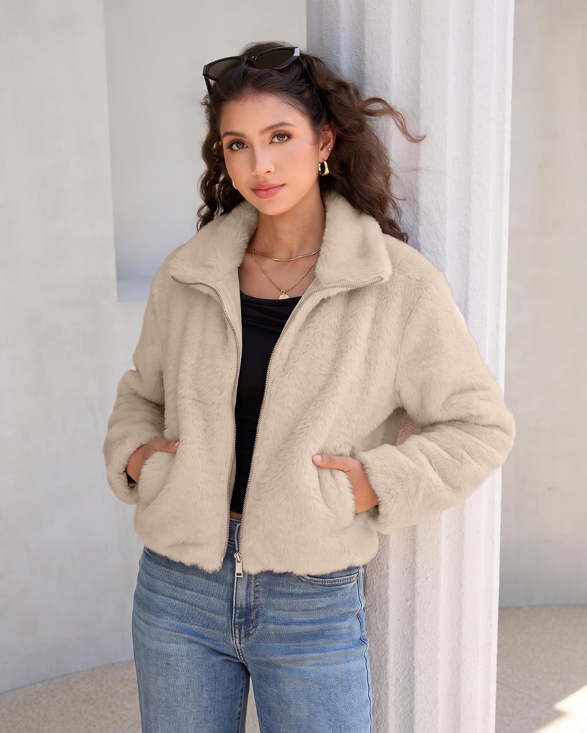 image:imageluvamia Faux Fur Jackets for Women Fall Cropped Coat Fuzzy Winter OuterwearKhaki