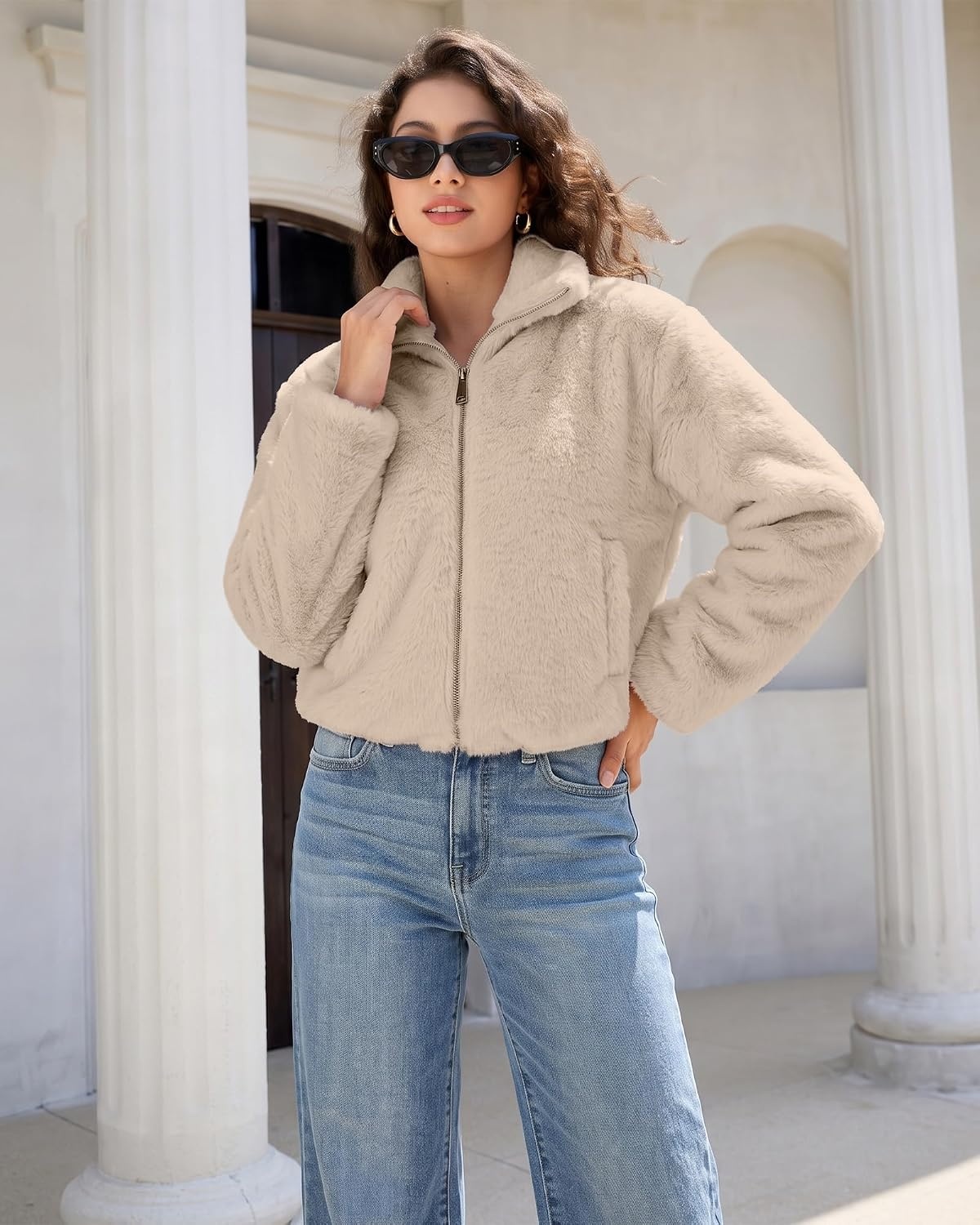image:imageluvamia Faux Fur Jackets for Women Fall Cropped Coat Fuzzy Winter OuterwearKhaki