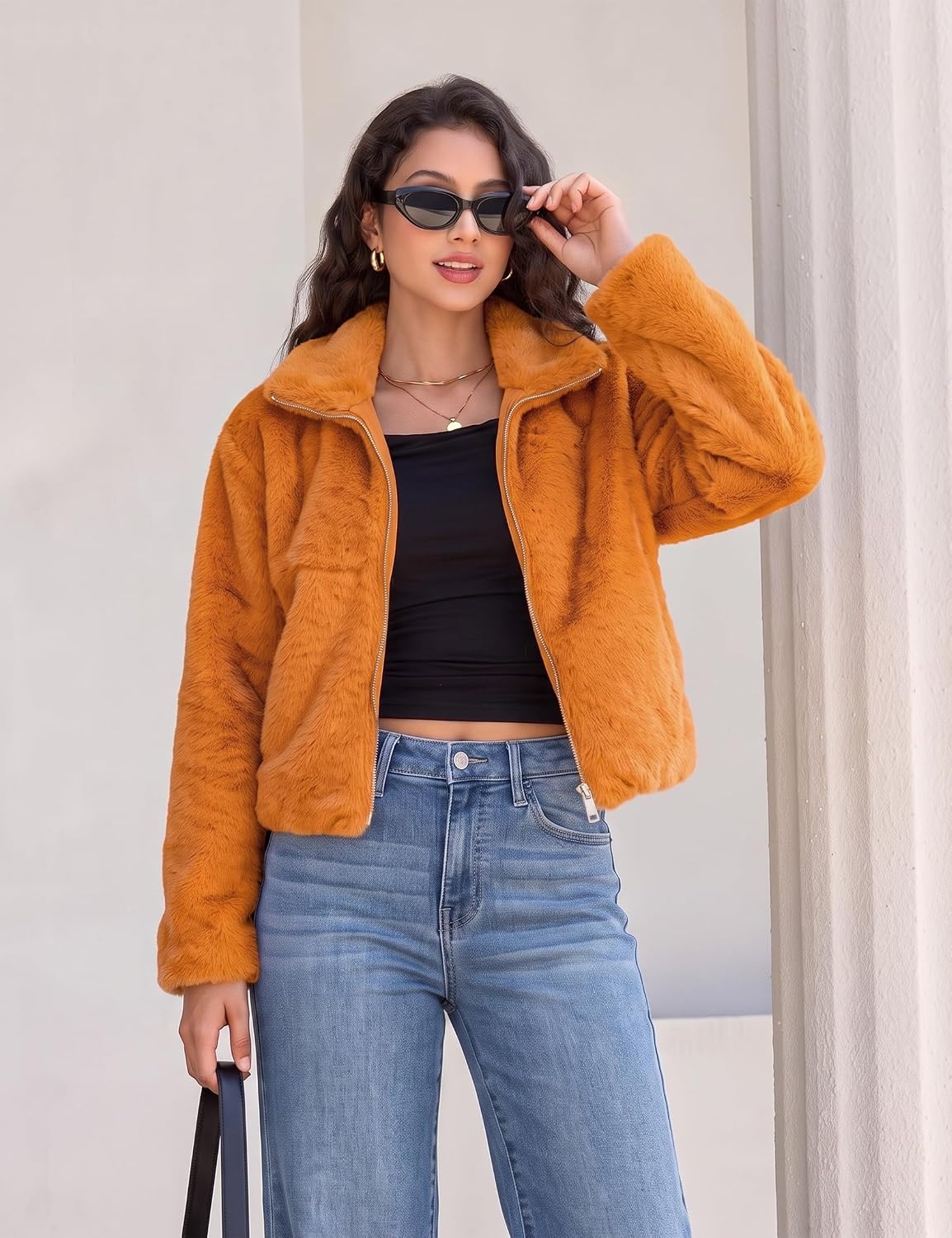 image:imageluvamia Faux Fur Jackets for Women Fall Cropped Coat Fuzzy Winter OuterwearOrange