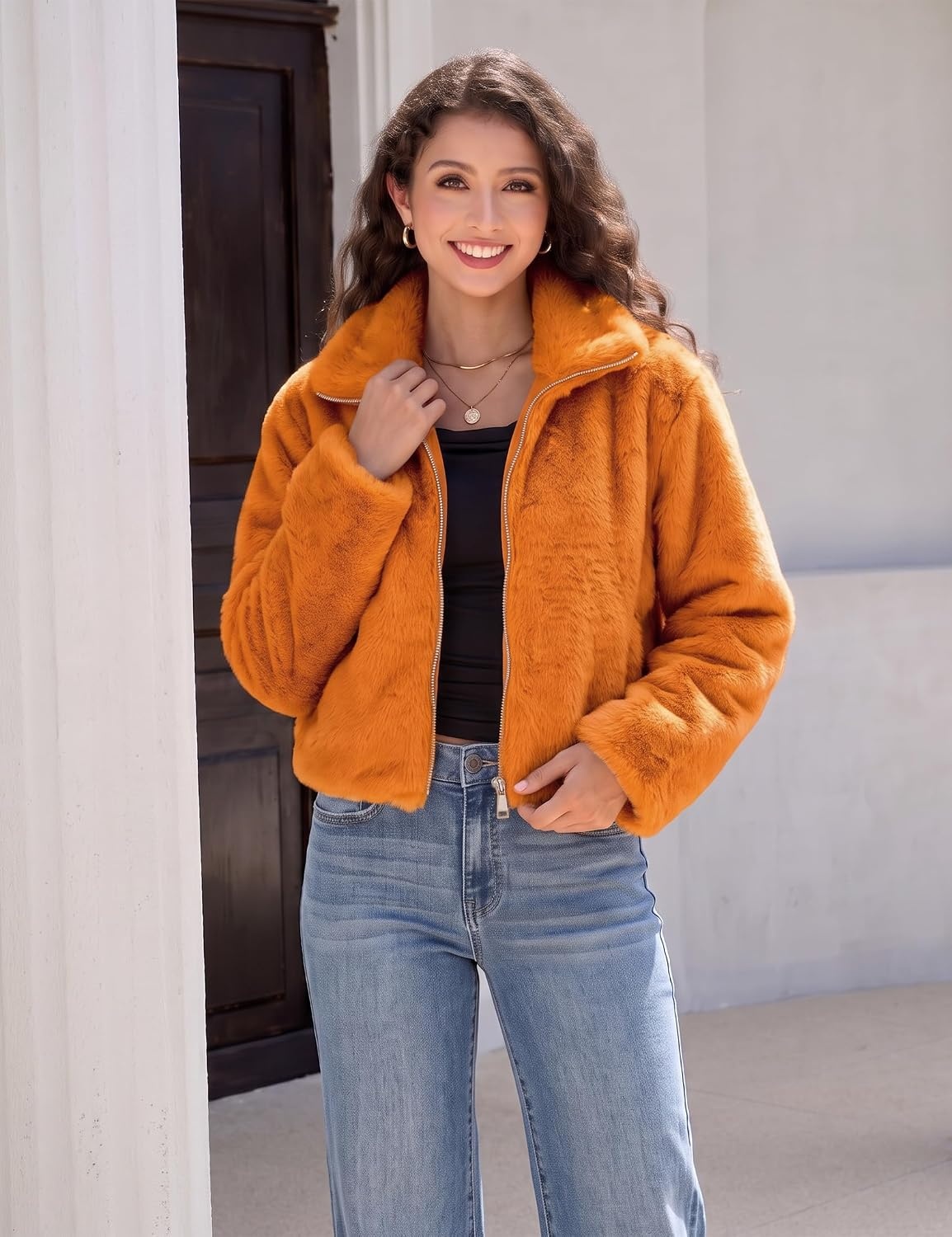 image:imageluvamia Faux Fur Jackets for Women Fall Cropped Coat Fuzzy Winter OuterwearOrange