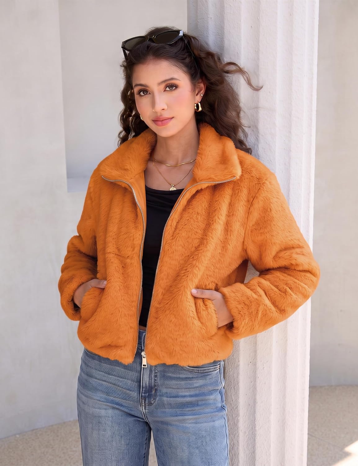 image:imageluvamia Faux Fur Jackets for Women Fall Cropped Coat Fuzzy Winter OuterwearOrange