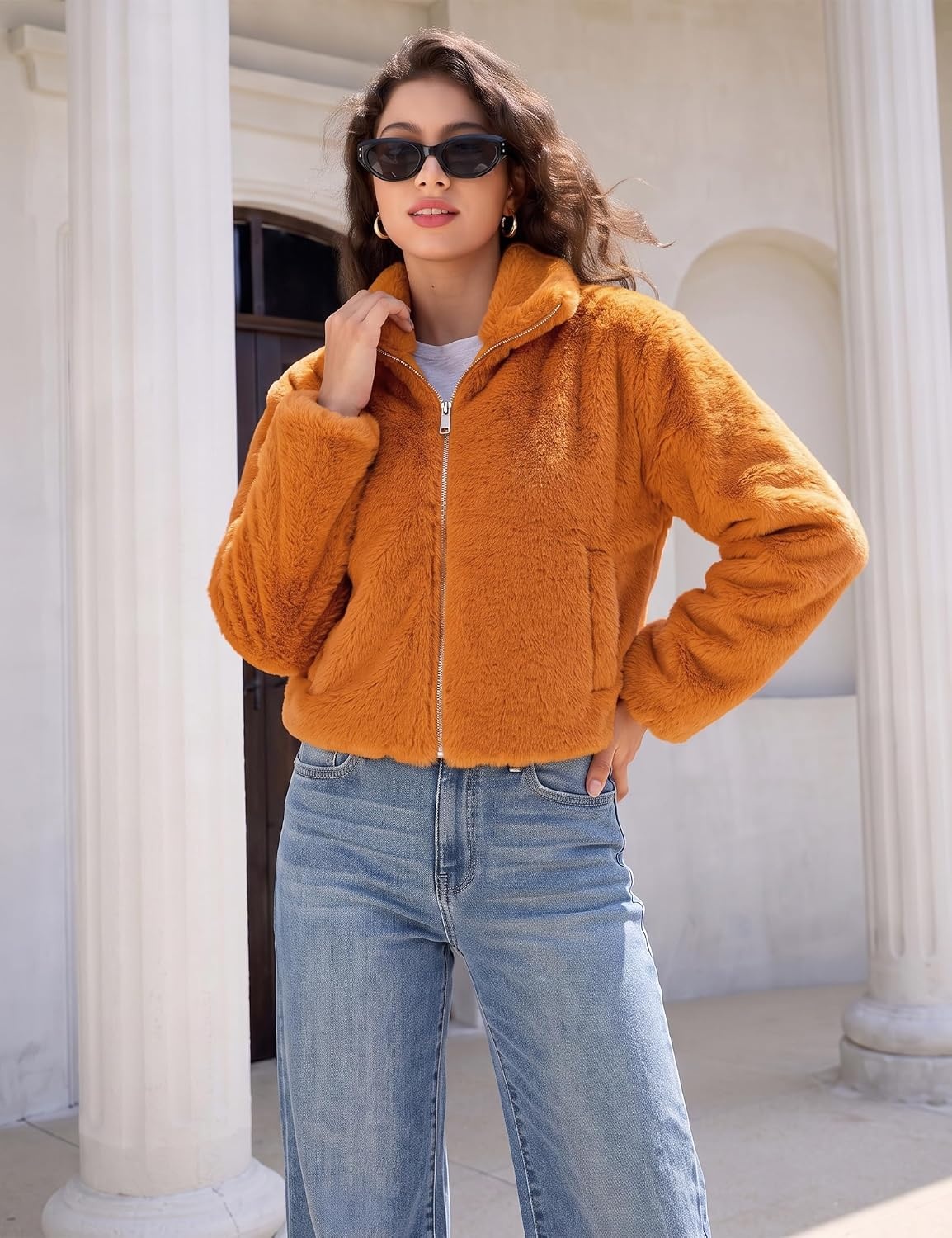 image:imageluvamia Faux Fur Jackets for Women Fall Cropped Coat Fuzzy Winter OuterwearOrange