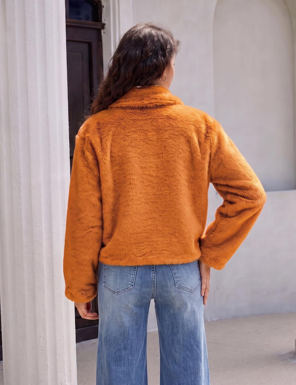 image:imageluvamia Faux Fur Jackets for Women Fall Cropped Coat Fuzzy Winter OuterwearOrange