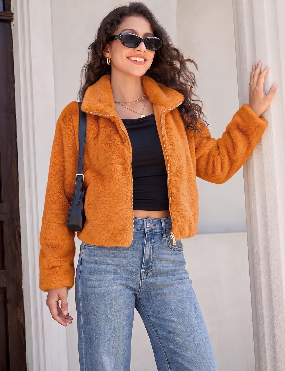 image:imageluvamia Faux Fur Jackets for Women Fall Cropped Coat Fuzzy Winter OuterwearOrange