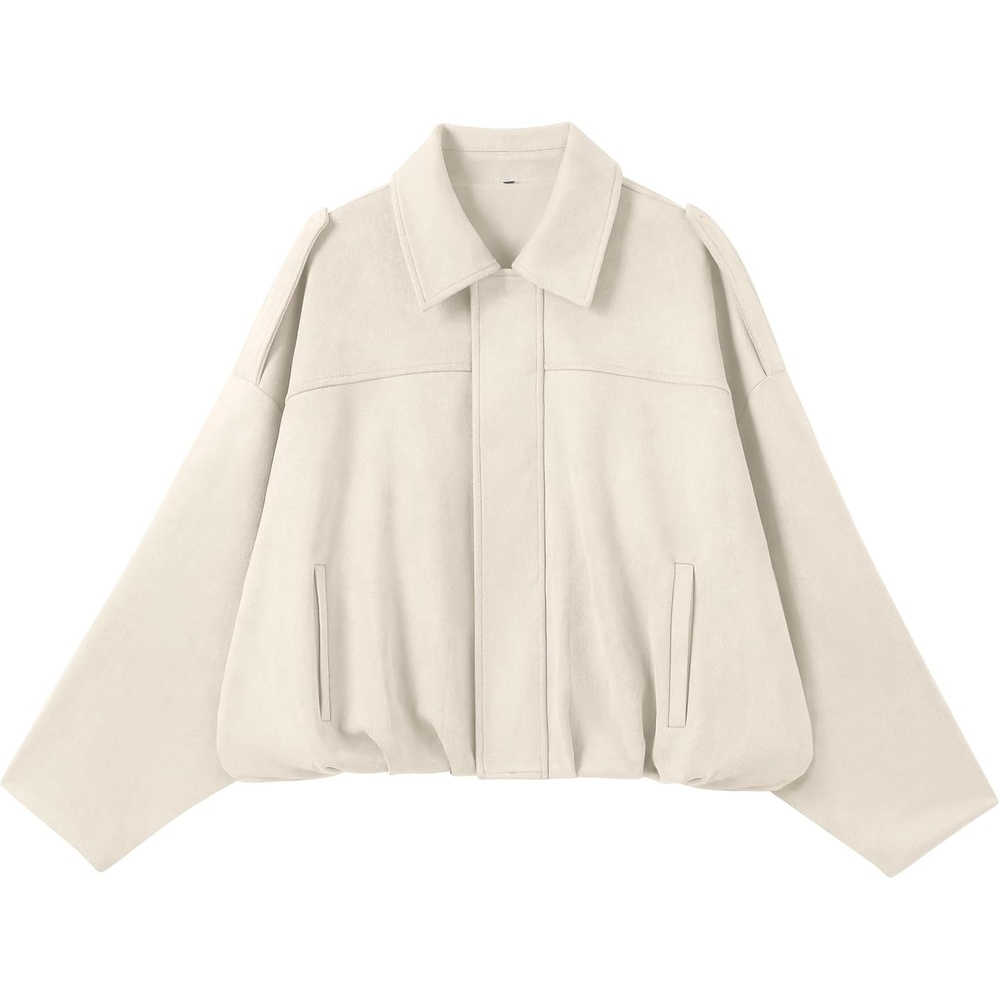 image:imageANRABESS Womens Oversized Faux Suede Cropped Bomber JacketBeige