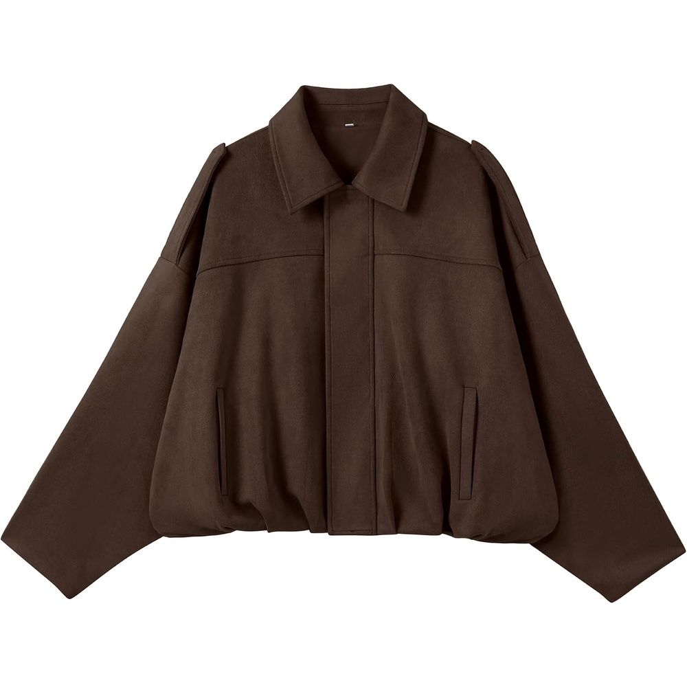 image:imageANRABESS Womens Oversized Faux Suede Cropped Bomber JacketCoffee