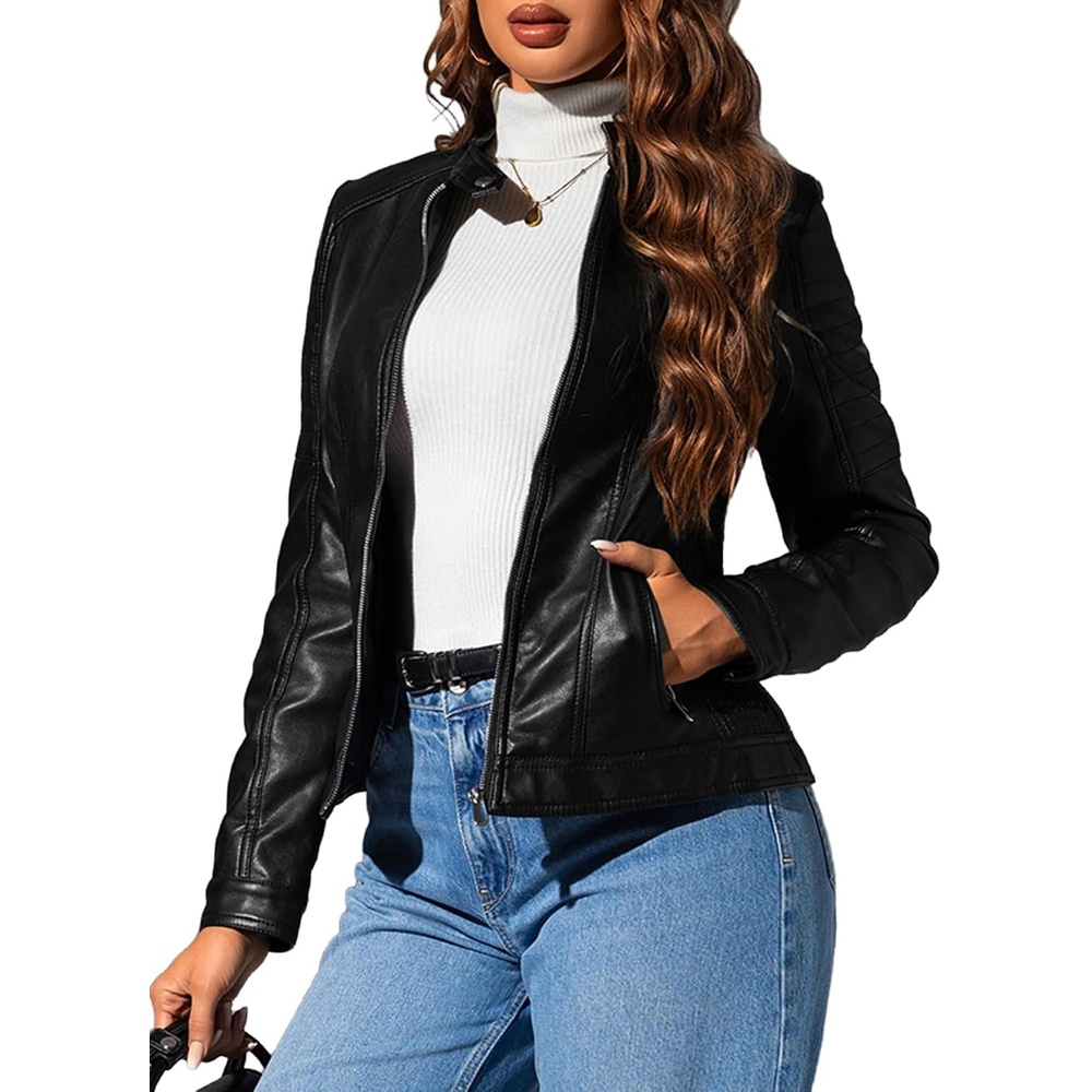 image:imageBellivera Faux Leather Women Motorcycle Stand Collar JacketBlack With Pocket