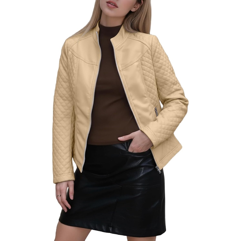 image:imageBellivera Faux Leather Women Motorcycle Stand Collar JacketKhaki Casual Jacket