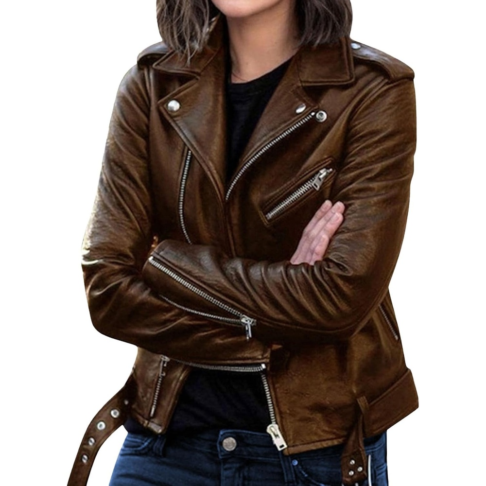 image:imageBiker Faux Leather Jacket for Women Faux Leather Motocycle Coat Fall Fashion Bomber JacketBrown