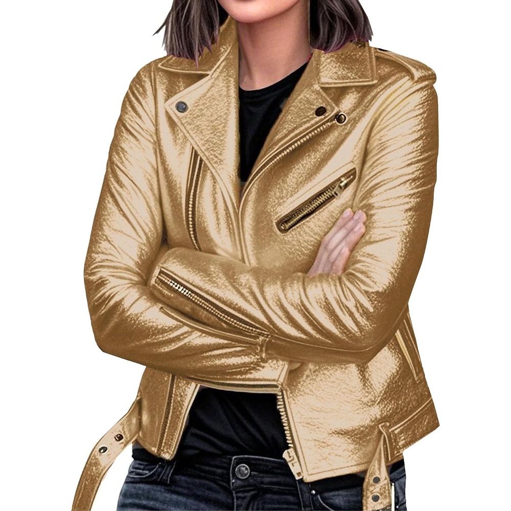 image:imageBiker Faux Leather Jacket for Women Faux Leather Motocycle Coat Fall Fashion Bomber JacketGold