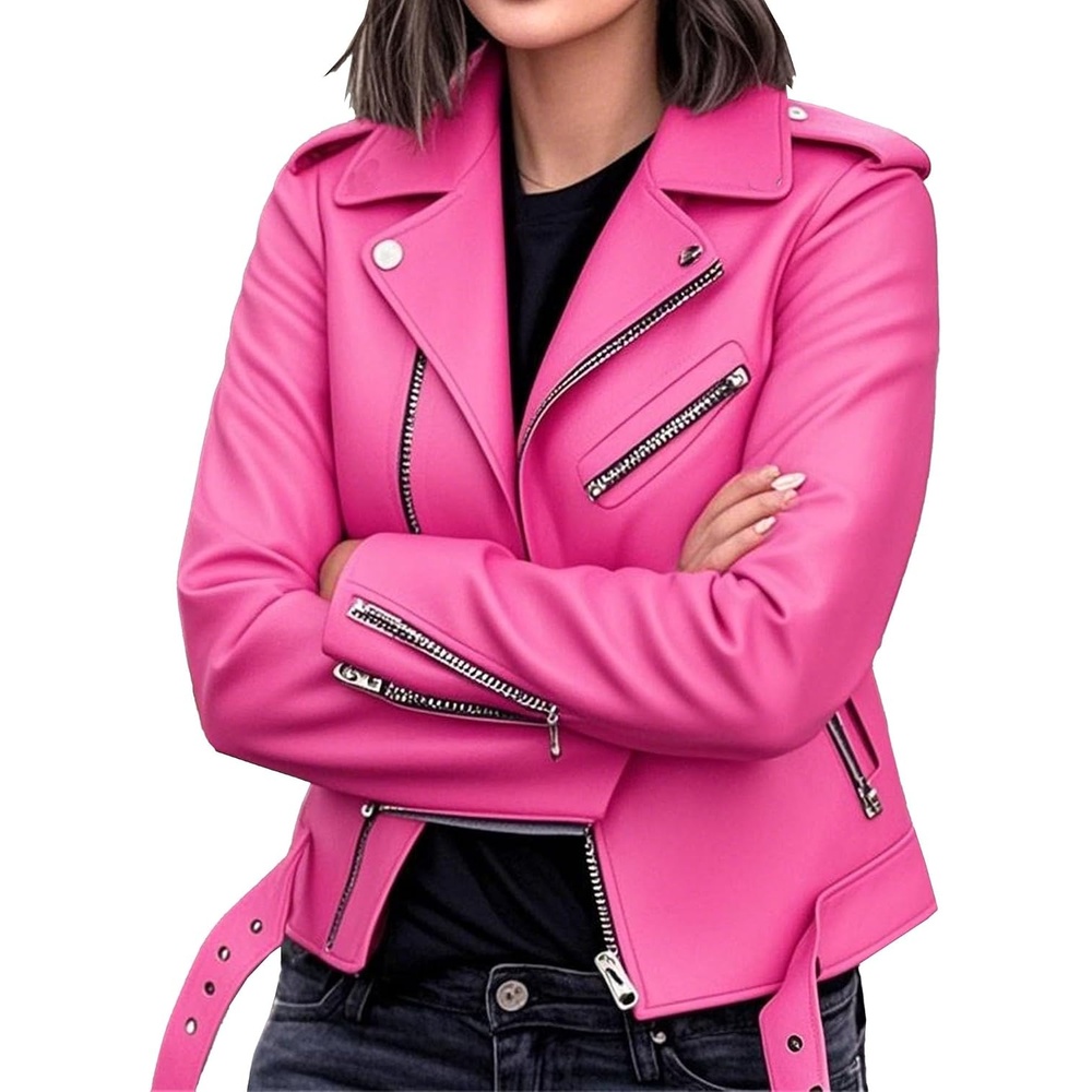 image:imageBiker Faux Leather Jacket for Women Faux Leather Motocycle Coat Fall Fashion Bomber JacketPink