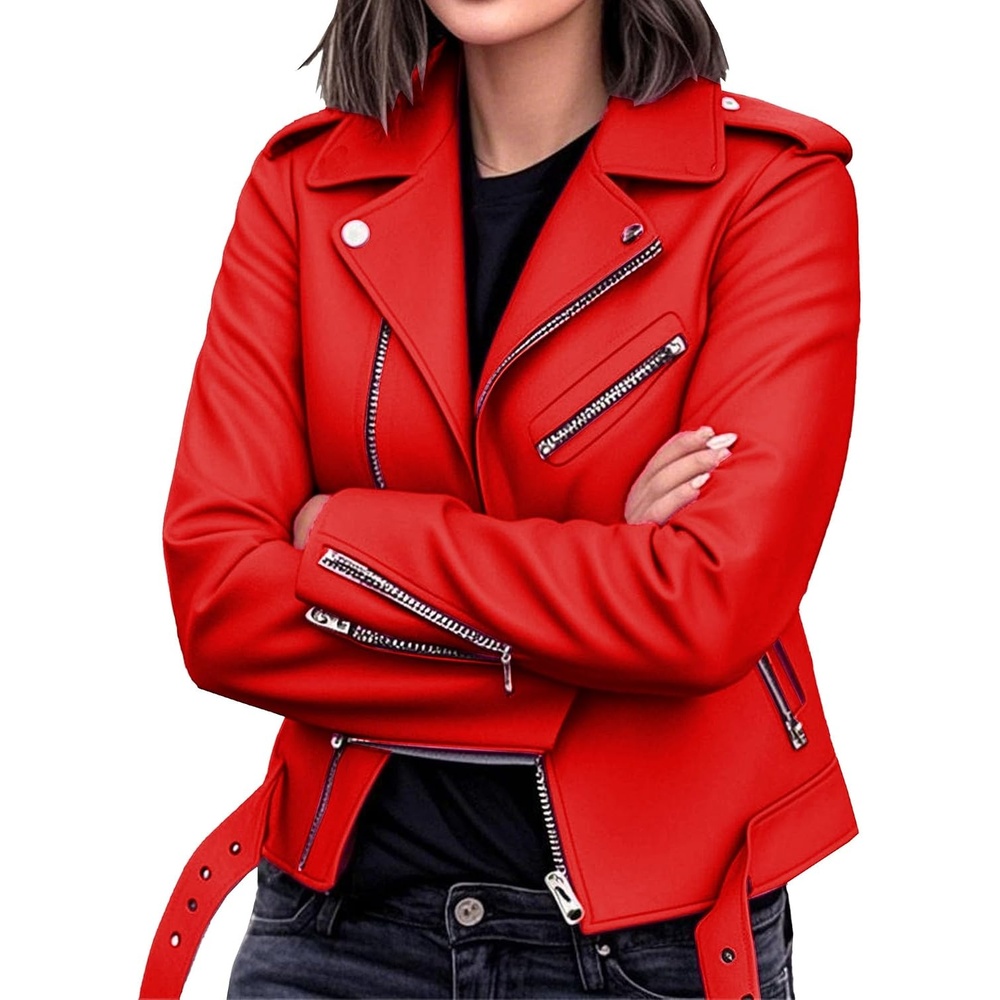 image:imageBiker Faux Leather Jacket for Women Faux Leather Motocycle Coat Fall Fashion Bomber JacketRed