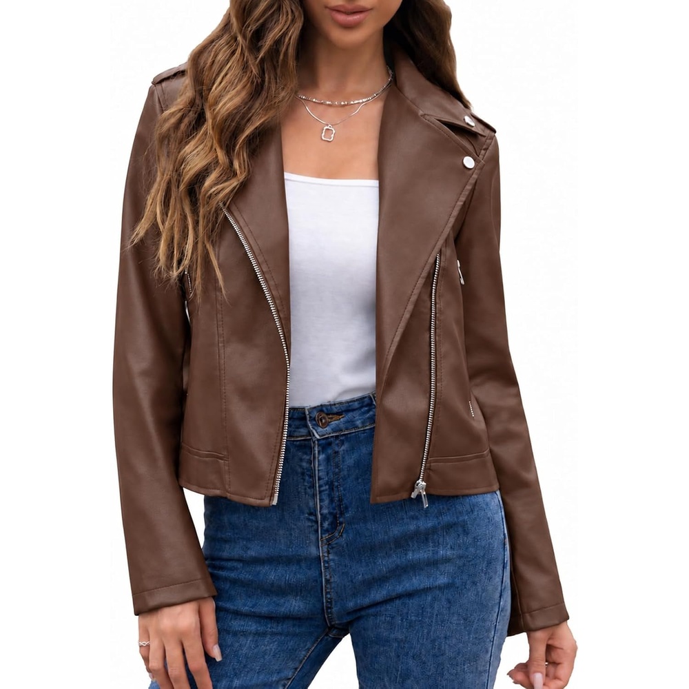 image:imageBluetime Womens Faux Leather Jacket Cropped Moto Biker Zip Up CoatDark Coffee