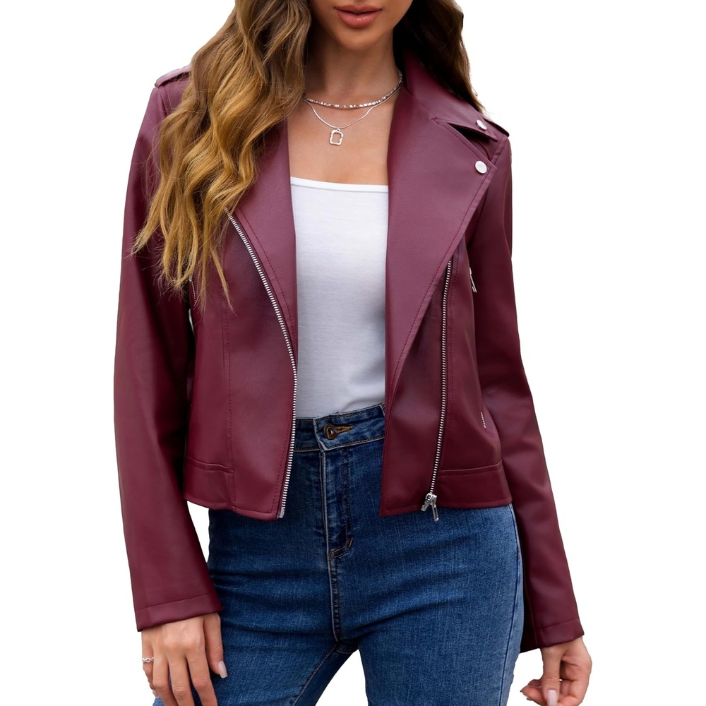 image:imageBluetime Womens Faux Leather Jacket Cropped Moto Biker Zip Up CoatWine Red