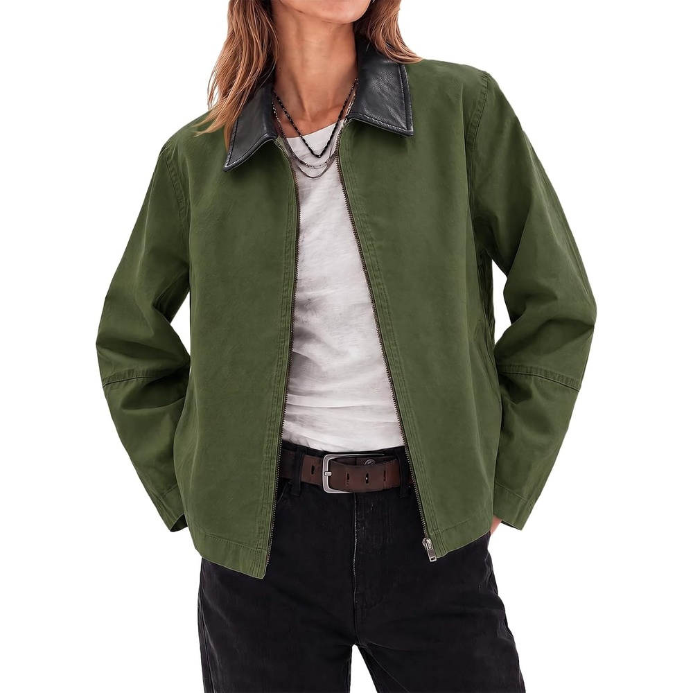 image:imageCicy Bell Women Barn Jacket Zip Up Cotton Canvas Oversized Lightweight CoatArmy Green
