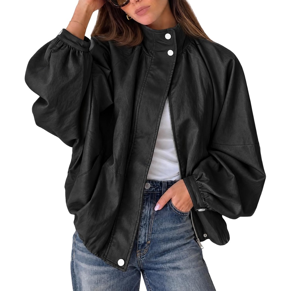 image:imageCicy Bell Womens Faux Leather Jackets Bomber Long Sleeve Zipper Fall CoatsBlack