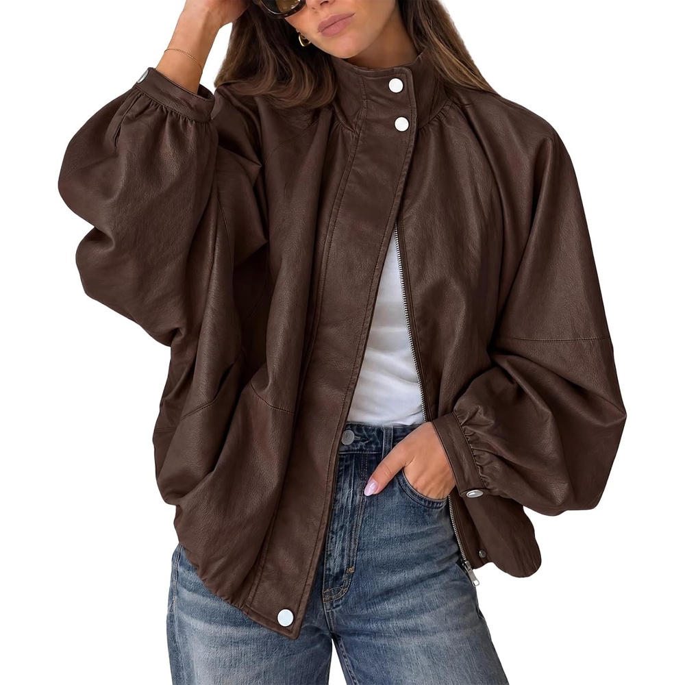 image:imageCicy Bell Womens Faux Leather Jackets Bomber Long Sleeve Zipper Fall CoatsCoffee
