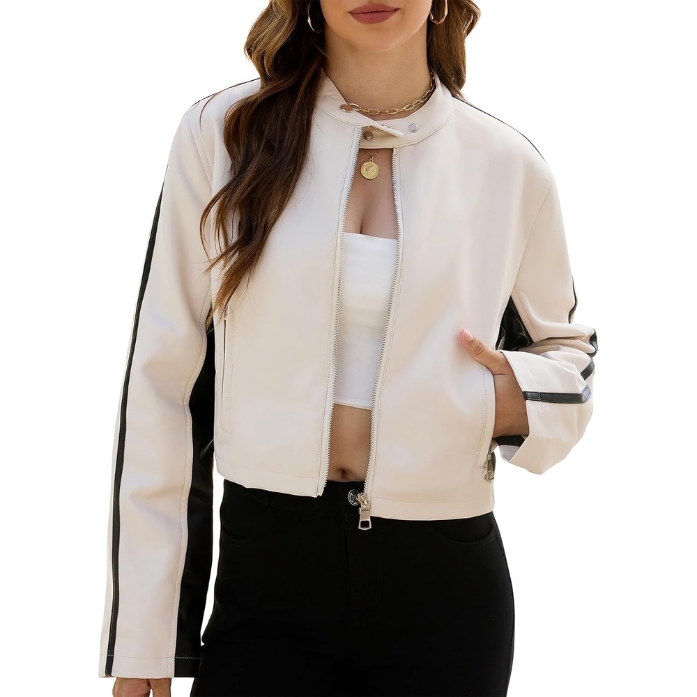 image:imageCropped Faux Leather Jacket Women Biker Motorcycle Bomber Leather JacketBeige
