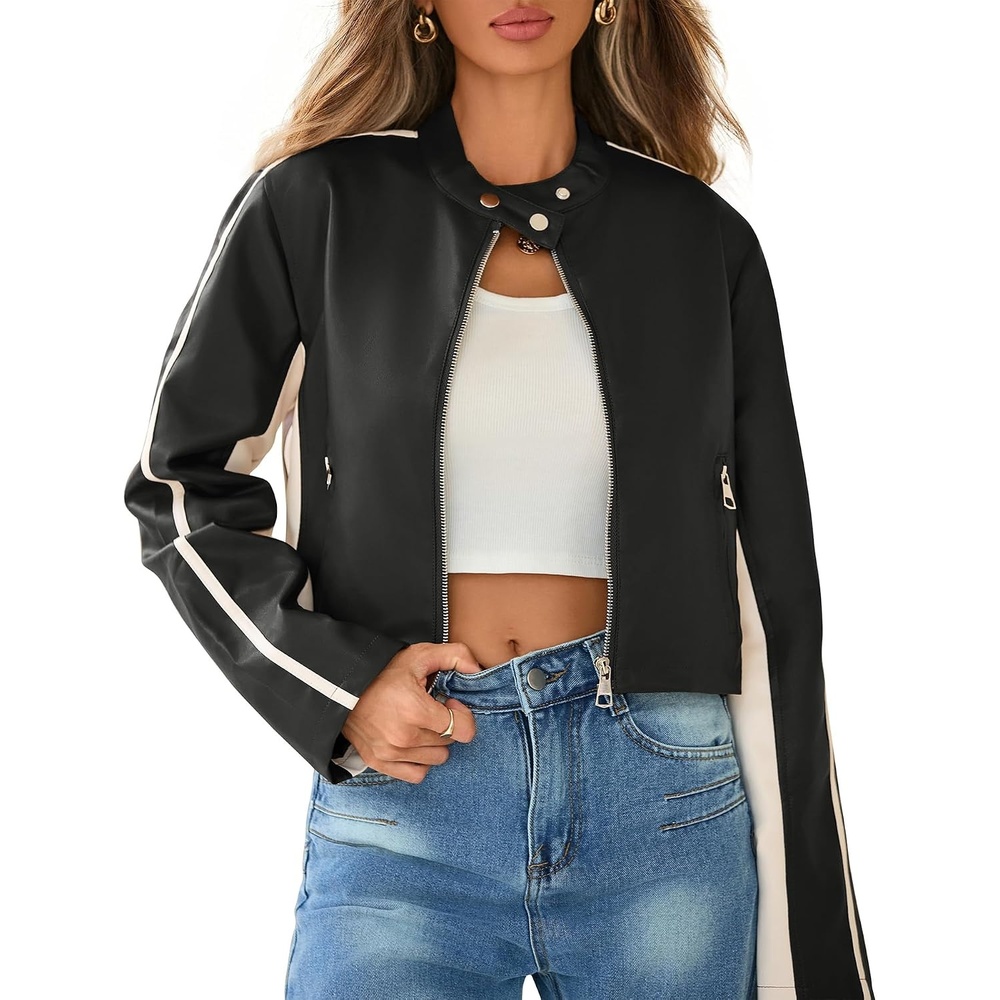 image:imageCropped Faux Leather Jacket Women Biker Motorcycle Bomber Leather JacketBlack