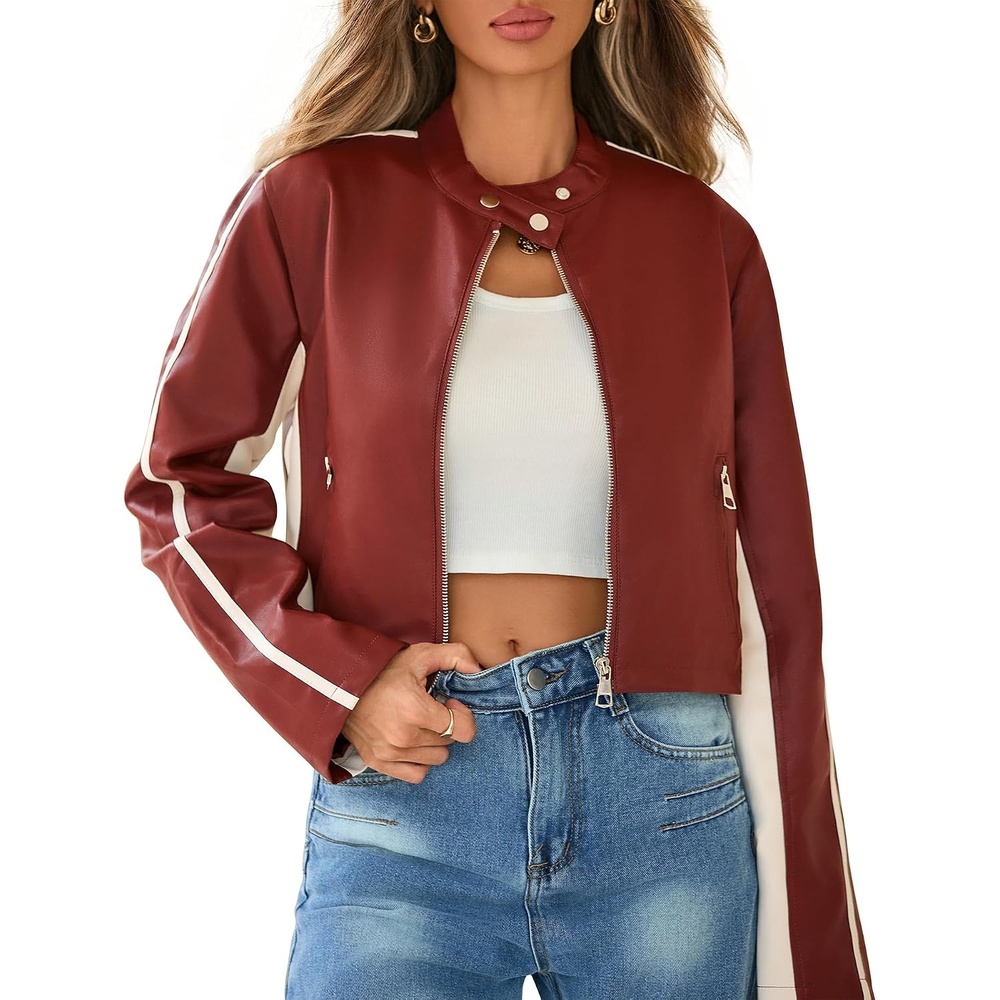 image:imageCropped Faux Leather Jacket Women Biker Motorcycle Bomber Leather JacketRed