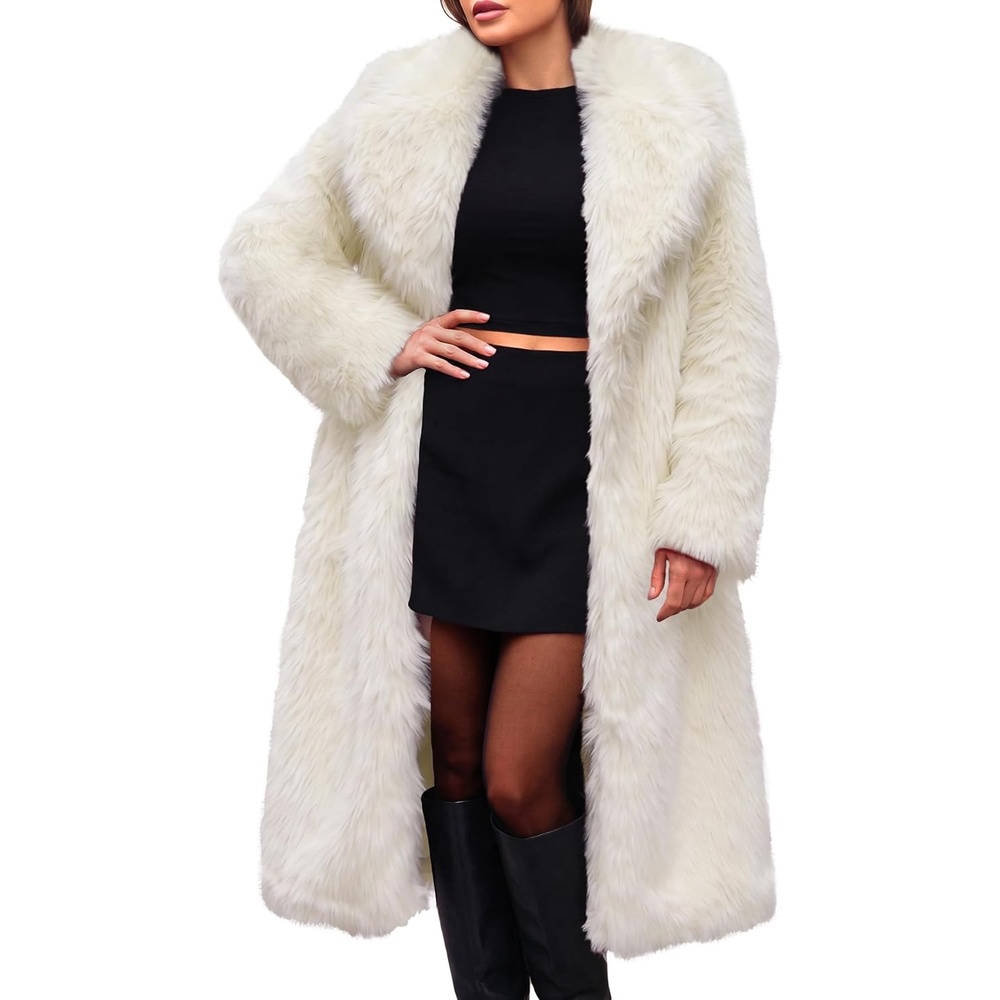 image:imageELLEVEN Long Faux Fur Coats for Women Open Front Jackets with PocketsBeige