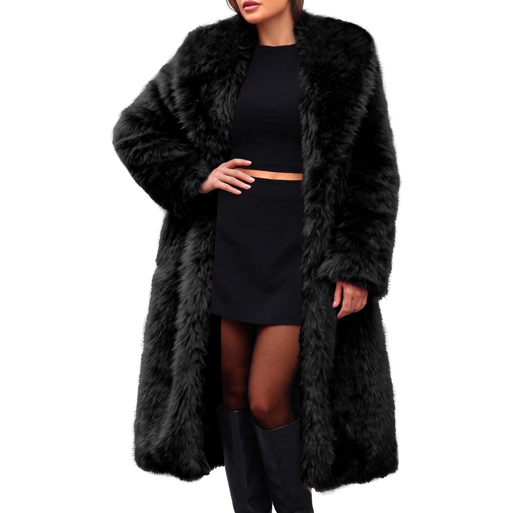 image:imageELLEVEN Long Faux Fur Coats for Women Open Front Jackets with PocketsBlack