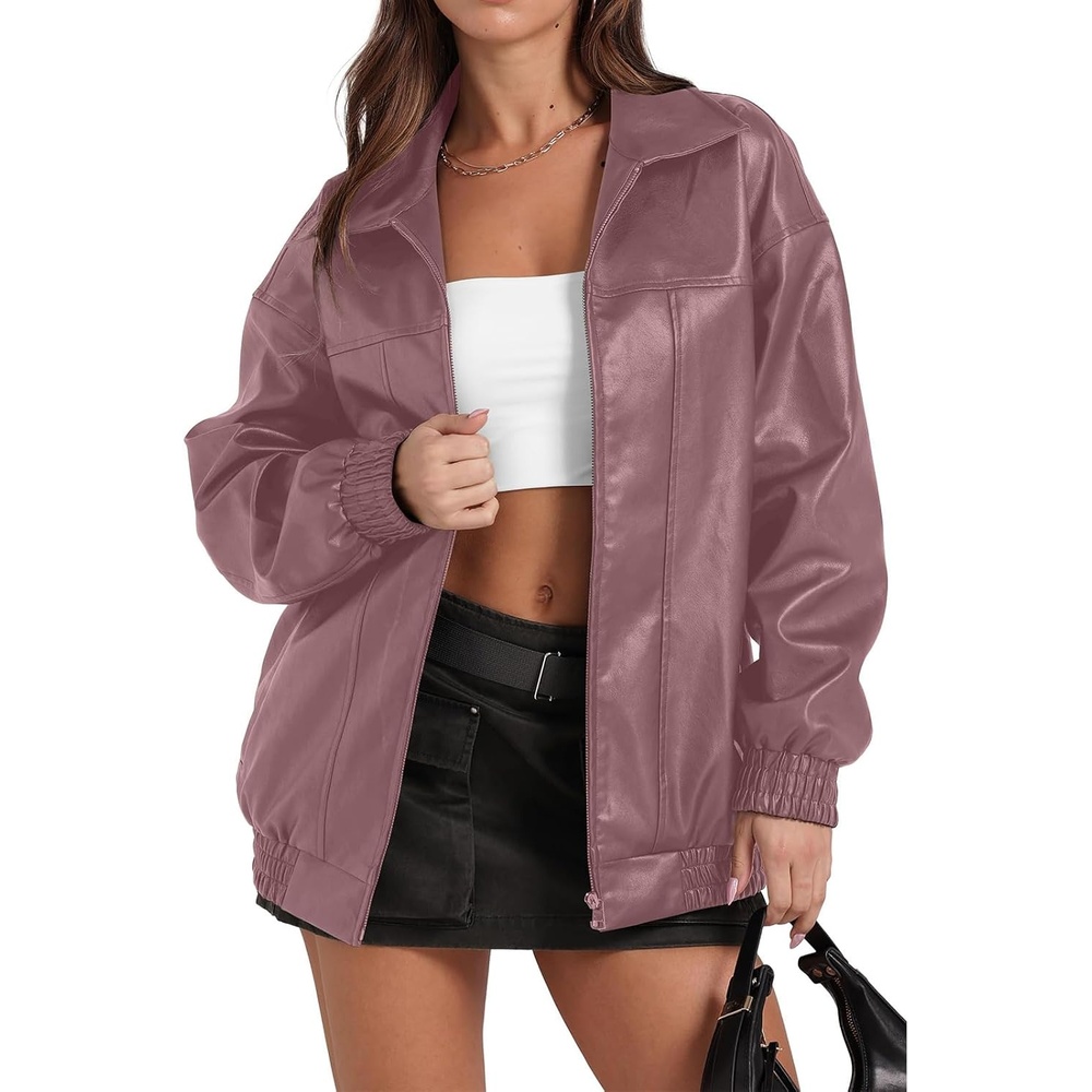 image:imageFaux Leather Jacket Women Oversized Casual Zip Up Jacket Motorcycle Bomber Jacket Coat Trendy Fall Winter ClothesPink