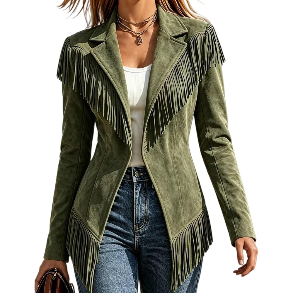 image:imageFringe Jacket Women Faux Suede Leather Jackets Open Front Tassel CoatArmy Green
