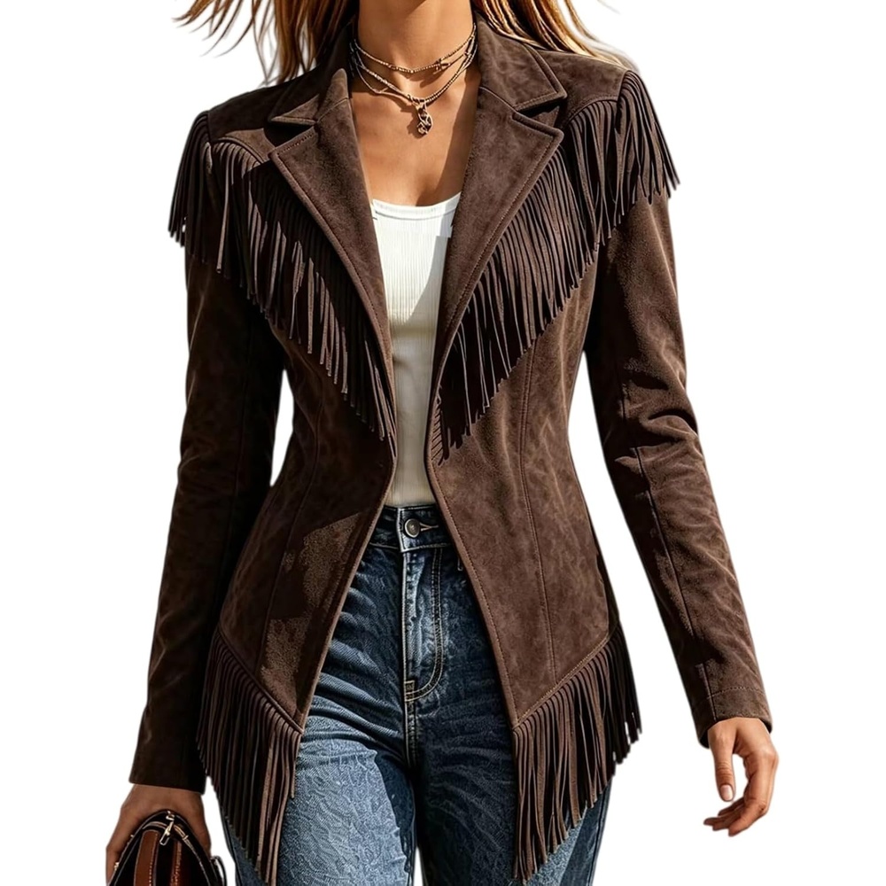 image:imageFringe Jacket Women Faux Suede Leather Jackets Open Front Tassel CoatCoffee