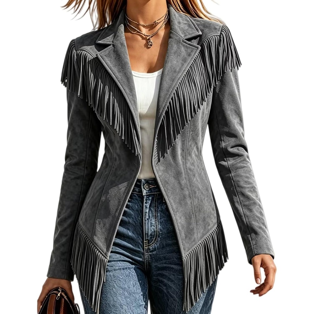 image:imageFringe Jacket Women Faux Suede Leather Jackets Open Front Tassel CoatGrey