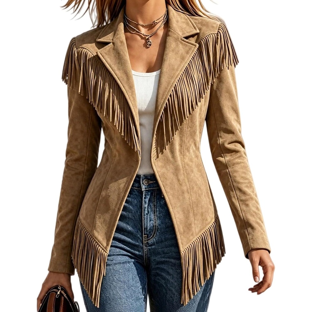 image:imageFringe Jacket Women Faux Suede Leather Jackets Open Front Tassel CoatKhaki