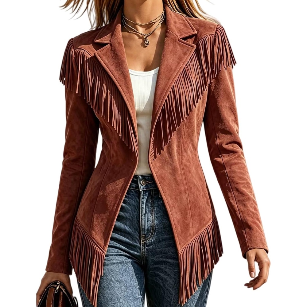 image:imageFringe Jacket Women Faux Suede Leather Jackets Open Front Tassel CoatWine Red