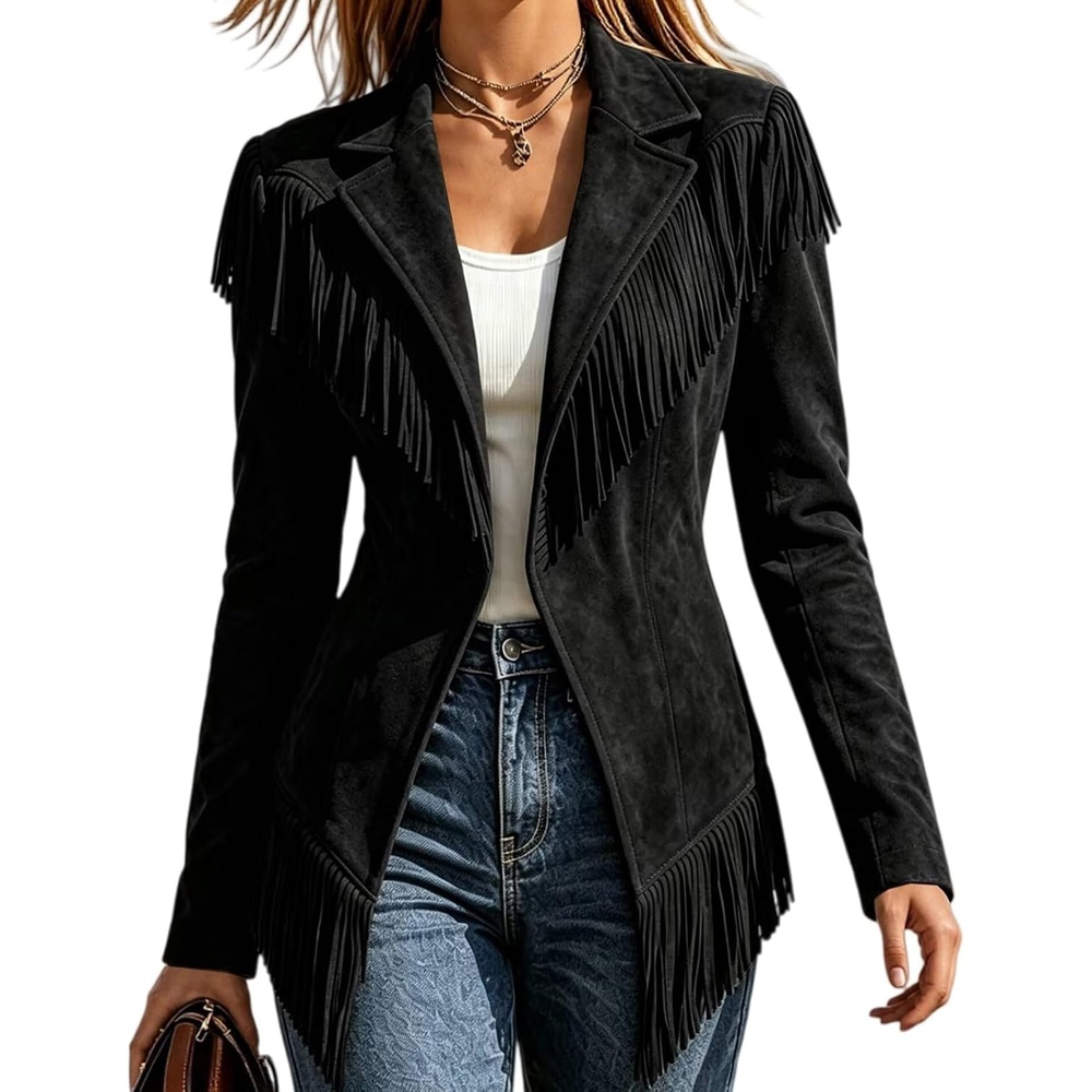 image:imageFringe Jackets for Women Faux Suede Tassel Coats Fitted Cowgirl BlazerBlack