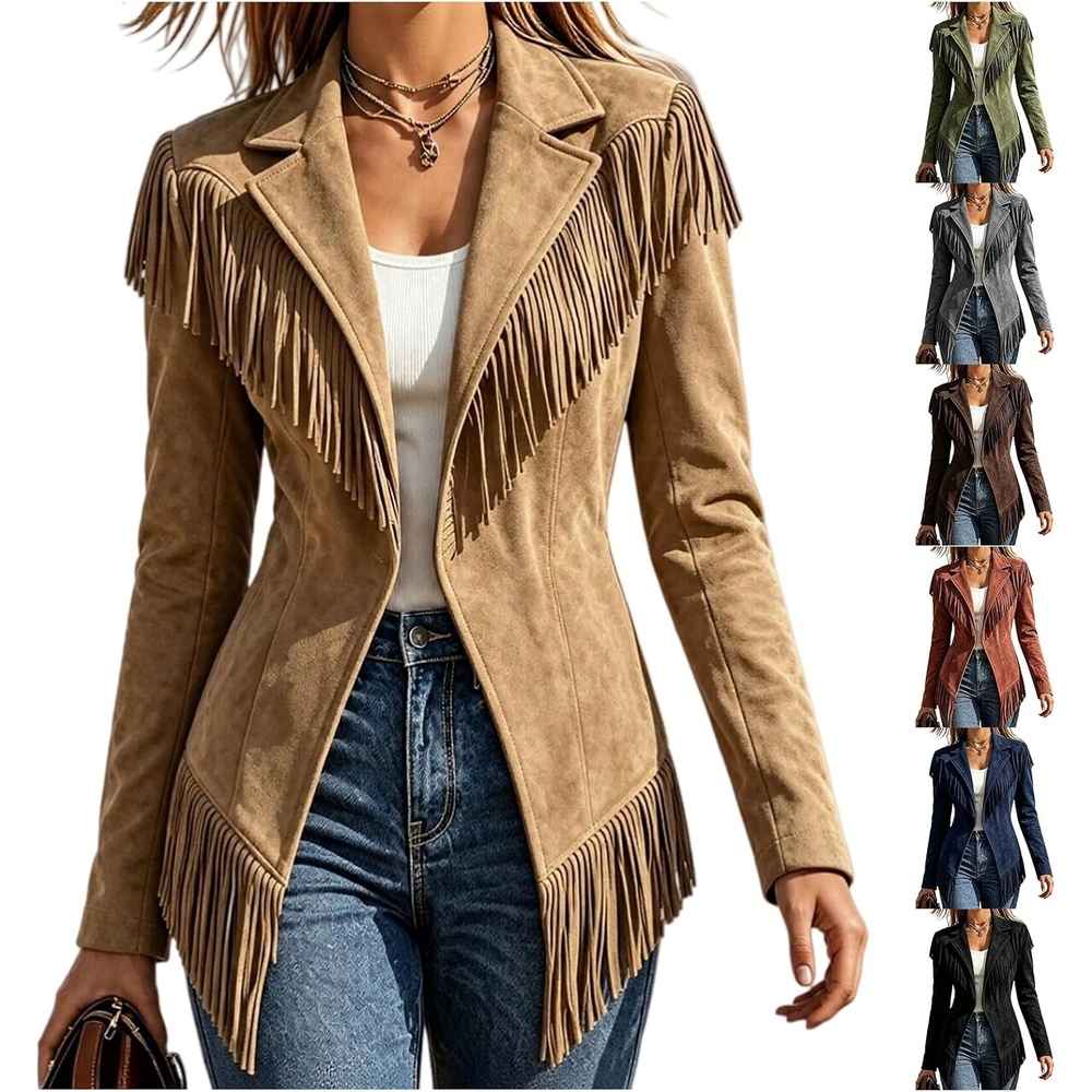 image:imageFringe Jackets for Women Faux Suede Tassel Coats Fitted Cowgirl BlazerKhaki