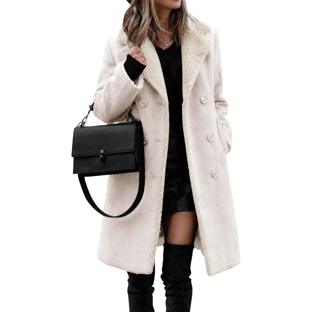 image:imageFur Collar Wool Coats for Women Double Breasted Long Peacoat JacketsBeige