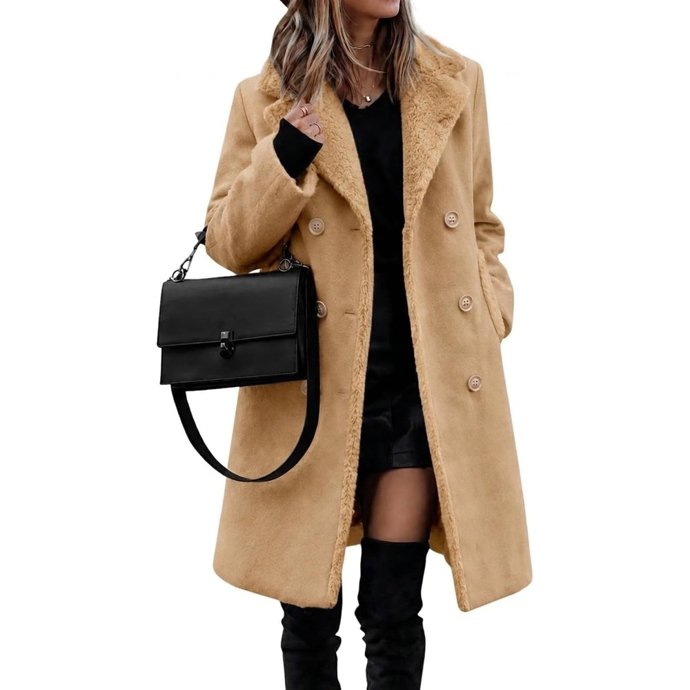 image:imageFur Collar Wool Coats for Women Double Breasted Long Peacoat JacketsCamel