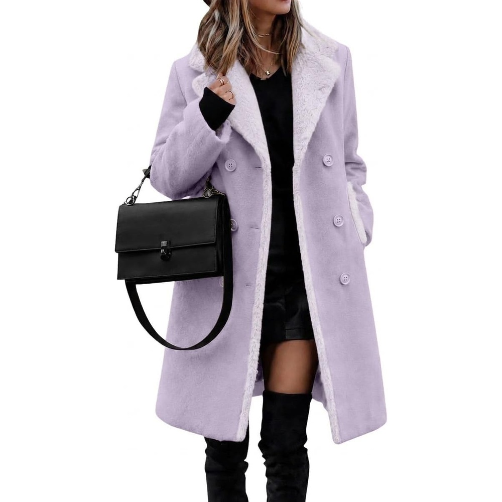 image:imageFur Collar Wool Coats for Women Double Breasted Long Peacoat JacketsLavender