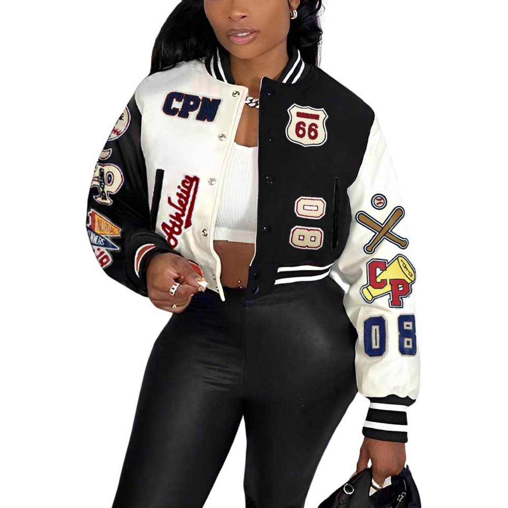image:imageGlitrandi Varsity Jacket Women with Patches Print Cropped Bomber Leather Jacket Women 2025 SXXLAblack