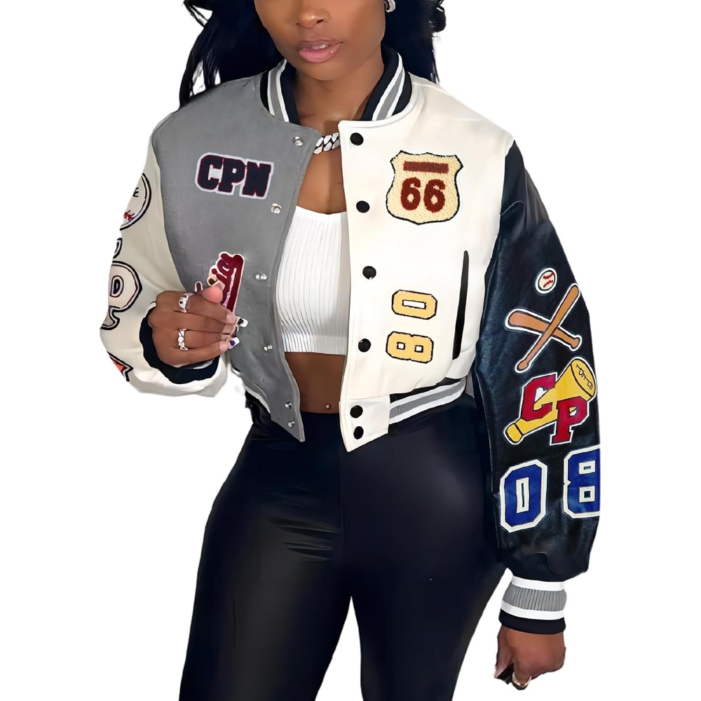 image:imageGlitrandi Varsity Jacket Women with Patches Print Cropped Bomber Leather Jacket Women 2025 SXXLAgray