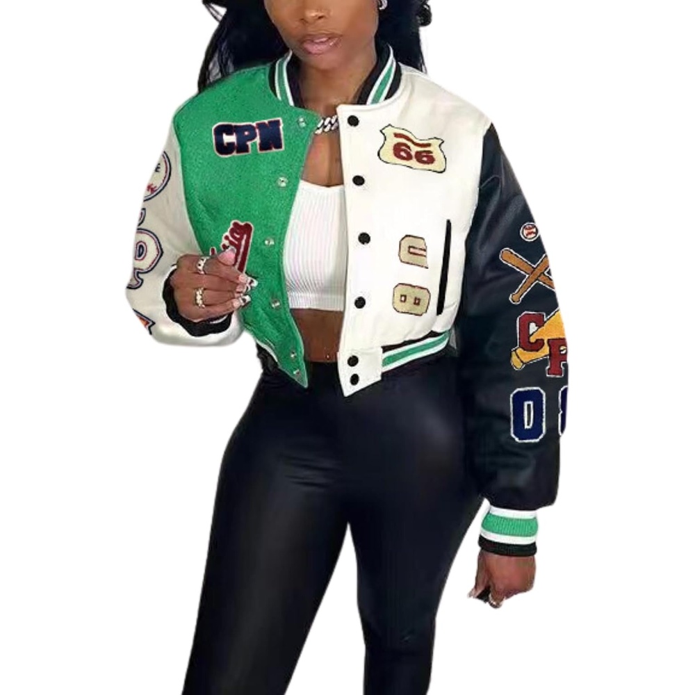 image:imageGlitrandi Varsity Jacket Women with Patches Print Cropped Bomber Leather Jacket Women 2025 SXXLAgreen